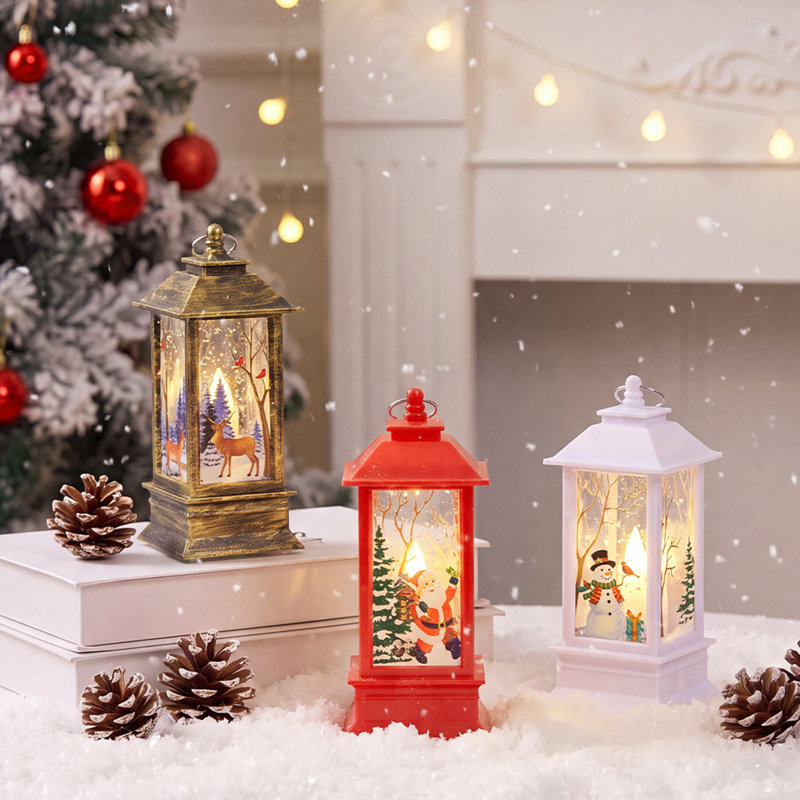 Set of 3 Christmas Lanterns with Santa Claus, Reindeer & Snowman Design