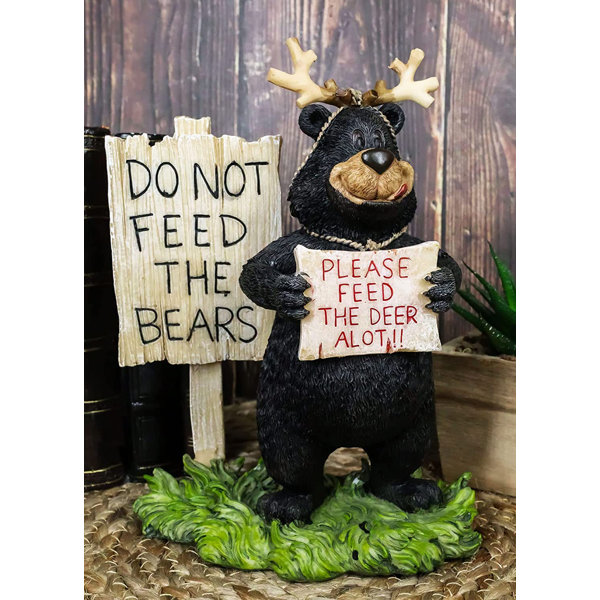 Millwood Pines Rustic Western Woodlands Whimsical Forest Black Bear Wearing Deer Antlers with 'Do Not Feed The Bears' 'Please Feed The Deer Alot!' Sig