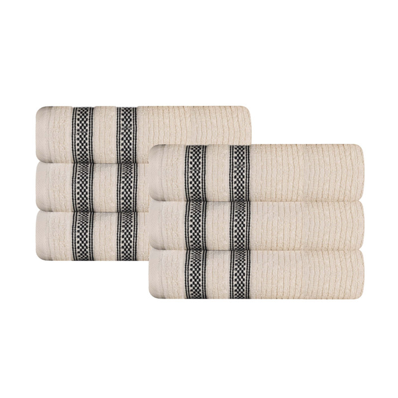 Tylique Zero Twist Cotton Ribbed Modern Geometric Border Soft Highly-Absorbent Hand Towel, Ivory