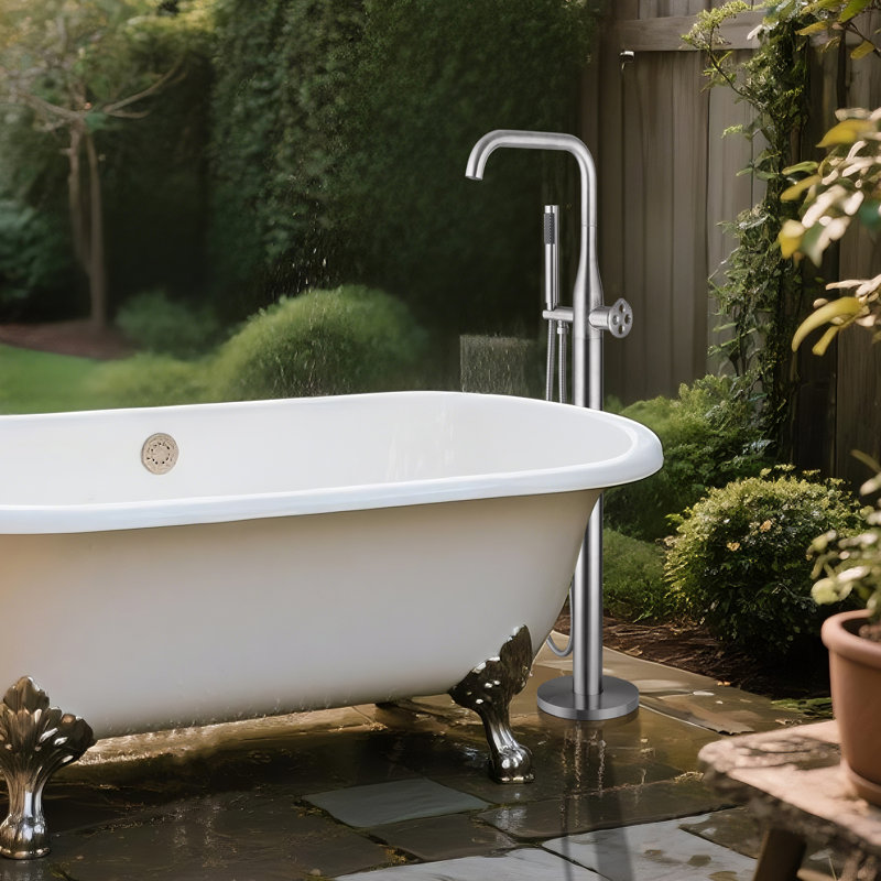 Robinet de baignoire à fixation au sol en acier inoxydable de 42 po de hauteur avec douche à main, Nickel brossé