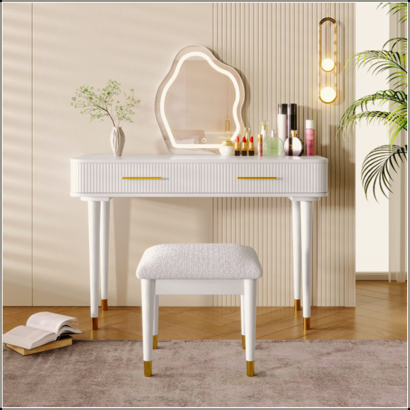 Ensemble de coiffeuse moderne 40 "avec miroir à écran tactile lumineux, coiffeuse et tabouret rembourré avec 2 grands tiroirs