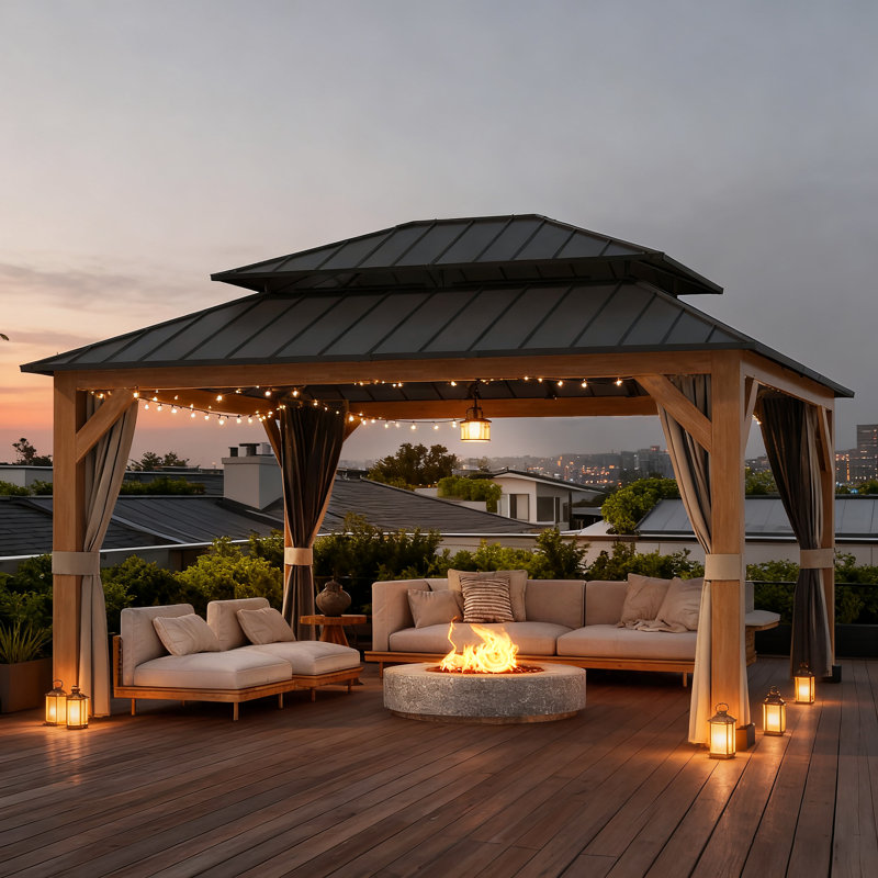 15 pi L 13 pi. D Pavillon de jardin en aluminium à grain de bois, H 120 po x l 180 po x P 156 po