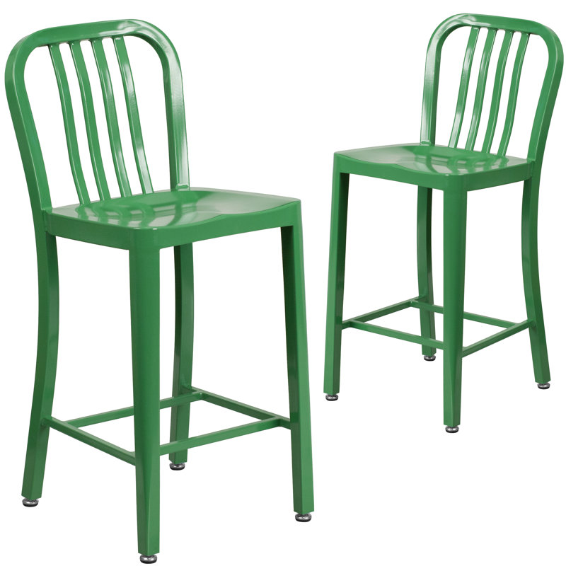 Commercial Grade Metal Indoor-Outdoor Stool with Vertical Slat Back, Green, Counter Stool (61cm Seat Height)