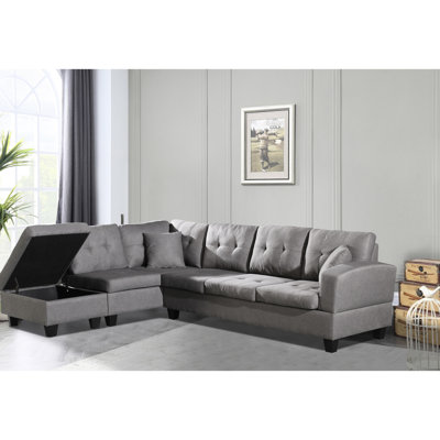 Chaise longue en tissu gauche avec rangement et porte-gobelet, 6 pieds en plastique gris avec structure en eucalyptus stable, coussins décoratifs confortables, rembourrage, composants robustes, poignet mobile