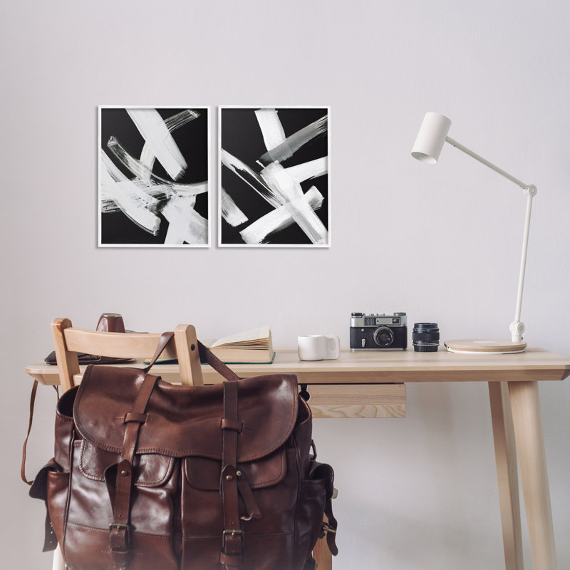 Abstrait lignes blanches sur fond noir, ensemble de 2 estampes numériques encadrées par Susan Jill, H 14 po x l 11 po