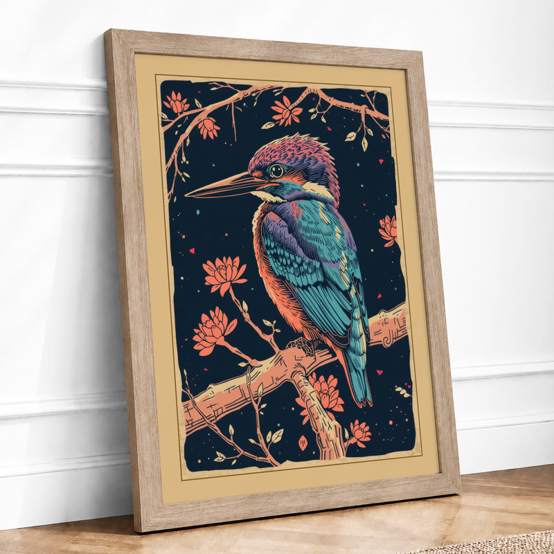 Kingfisher on Branch Botanical - Framed Print, A3 - 42.0 x 29.7 cm, Oak