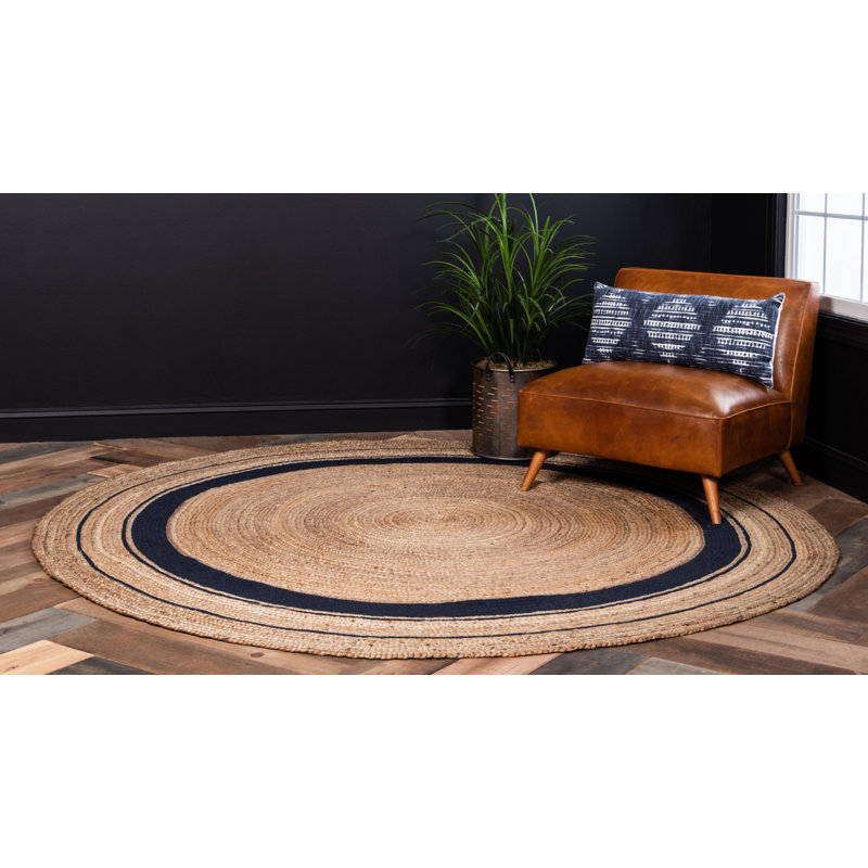 Tapis naturel tressé Lenard, Rond 3 pi 3 po, Natural/Navy Blue