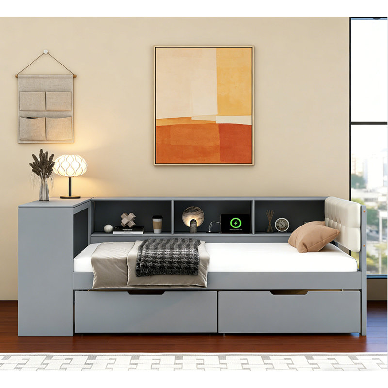 Lit plateforme en bois avec tablettes de rangement et tiroirs, Gris, Double
