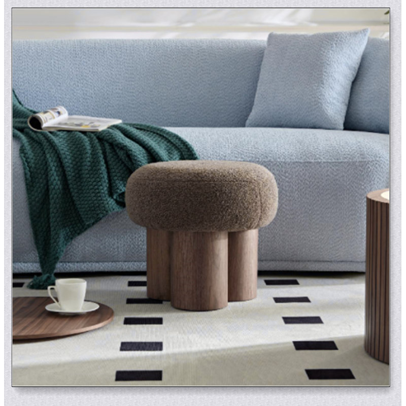 Tabouret champignon, siège en laine d'agneau brun, tuyau en PVC avec placage de noyer