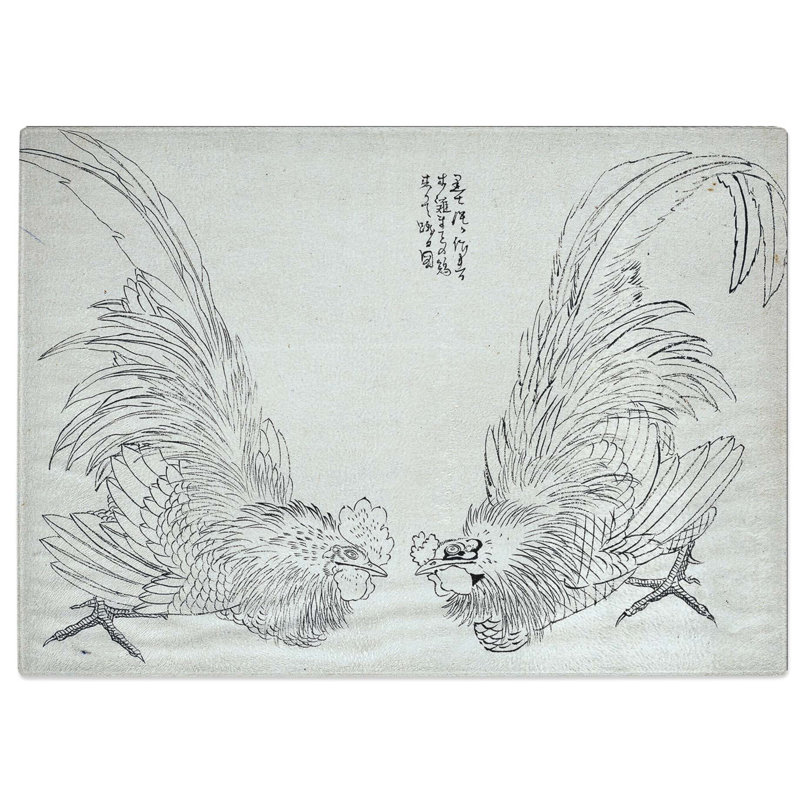 Tempered Glass Two Roosters by Katsushika Hokusai Cutting Board, 28.5 cm W x 20 cm L