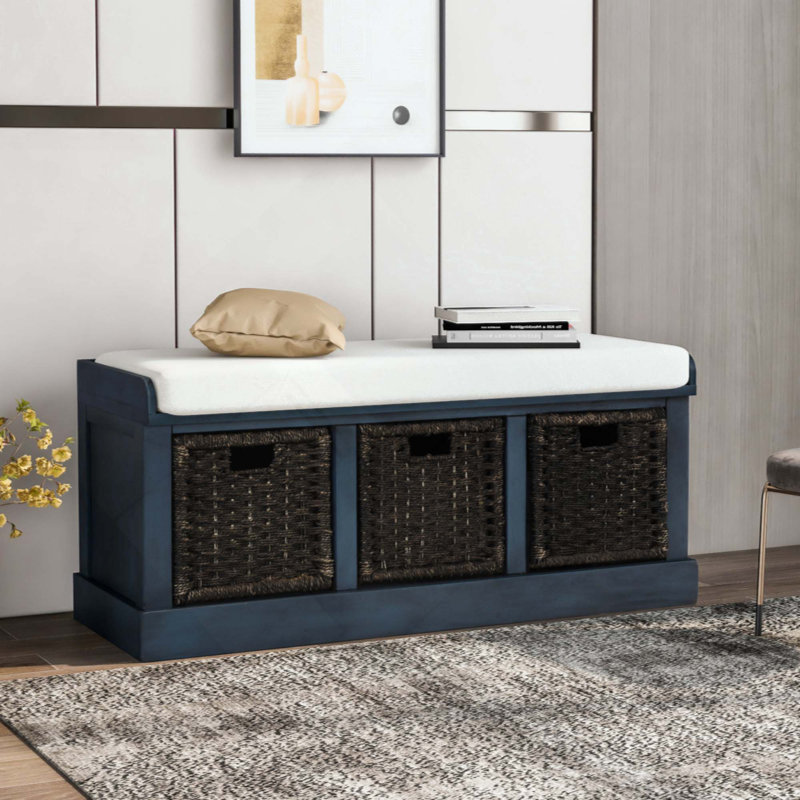 Banc de rangement rustique avec 3 paniers en rotin amovibles, banc rembourré avec coussin de siège amovible