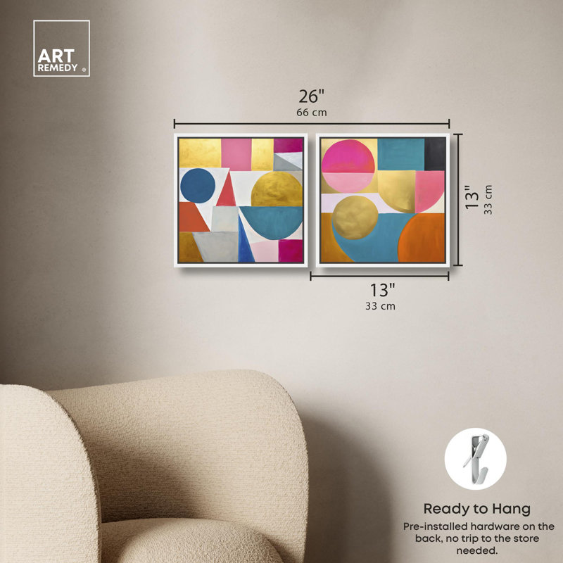 Ensemble de 2 motifs géométriques Dopamine par Art Remedy, H 12 po x l 12 po, Cadre flottant blanc