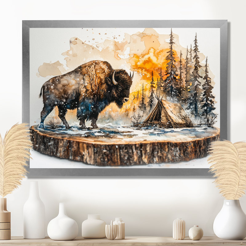 Bison in Winter Forest Landscape I - Bison, art mural, H 24 po x l 32 po, Cadre simple, Argent argent