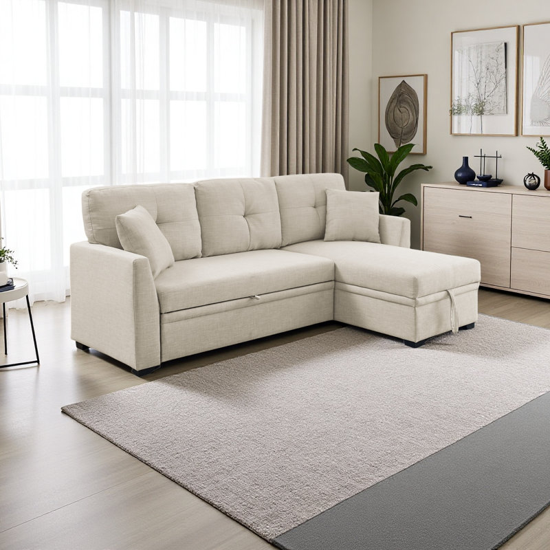 Modular Sleeper Sectional Sofa With Storage, Beige Polyester