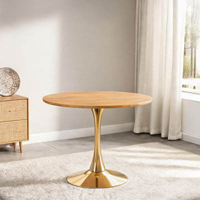 Round 31.5-inch Dining Table in Soft Gold and Brown MDF with Pedestal Base for Small Kitchens and Cafes
