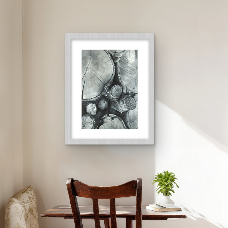 Textured Wooden Logs | Black Trees Framed Matted Print Decor, Silver