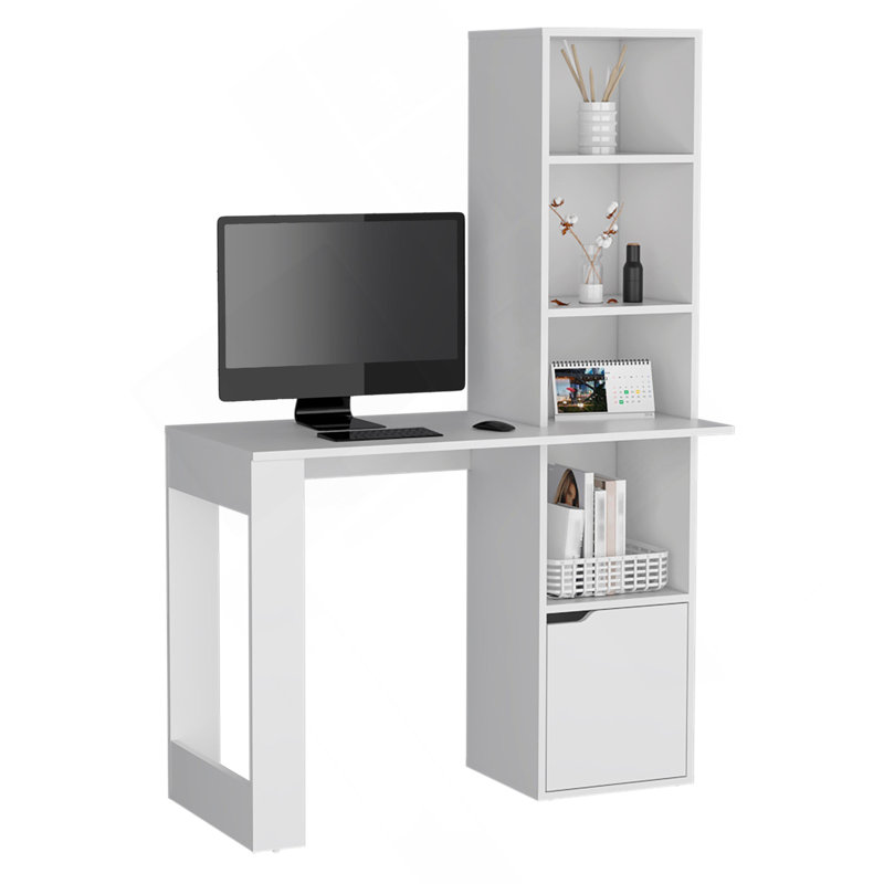 Bureau d'écriture avec bibliothèque et armoire, blanc, Blanc