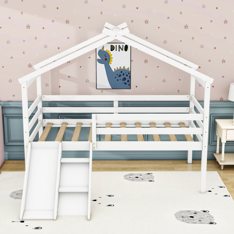 Twin Wood Low House Loft Bed With Slide, Ladder, And Safety Guardrails, White