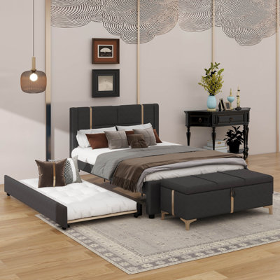 Ensemble de chambre à coucher élégant 2 pièces comprenant un grand lit plateforme tapissier avec un lit gigogne intégré, deux tiroirs de rangement, une veilleuse et un port de charge USB