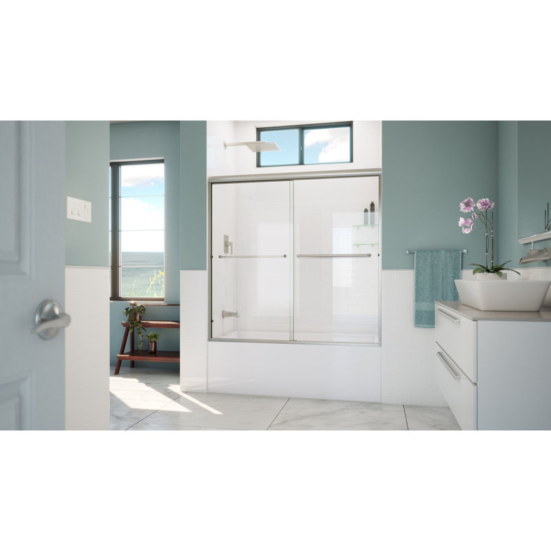 Leter 56" x 57.38" Bypass Frameless Tub Door, Clear Glass, Brushed Nickel