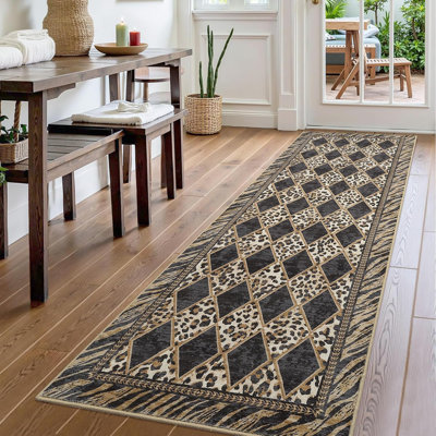 Tapis de couloir à carreaux 9 pi x 12 pi à motif léopard noir, doux et antidérapant pour cuisine, chambre à coucher et entrée