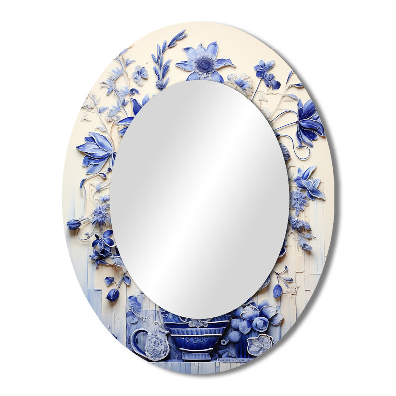 Décoration murale bleu et blanc Boho Plant Pottery II - Miroir mural ovale bleu, H 43 po x l 33 po