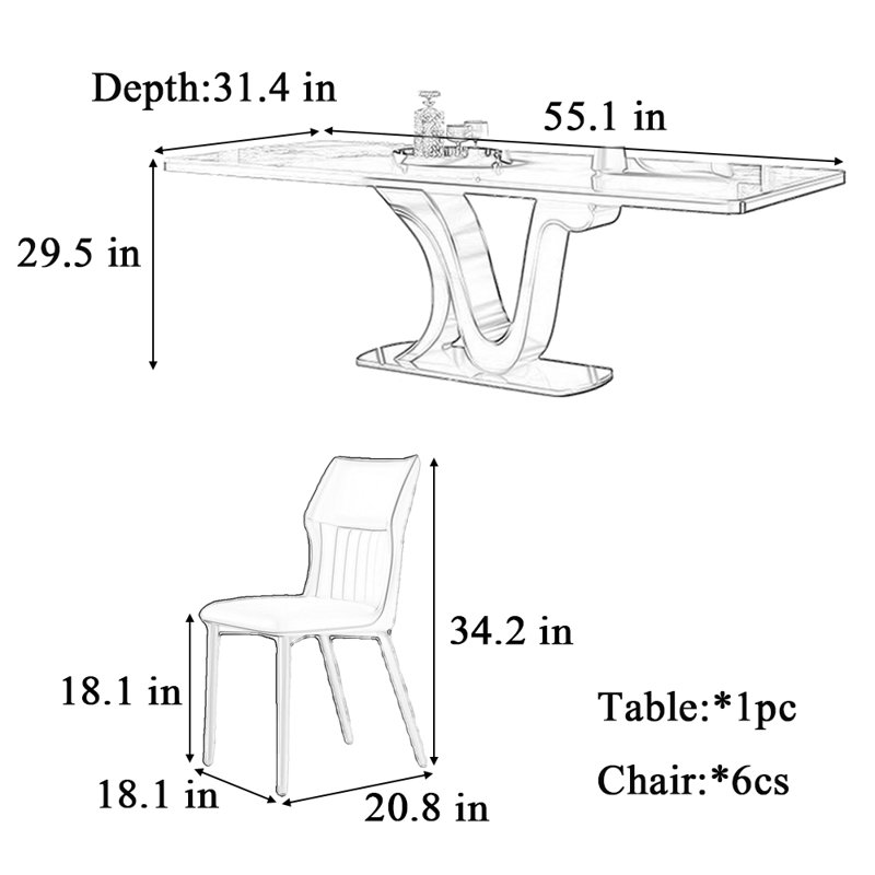 Table et chaise de luxe domestique, Blanc / gris, H 29,5 po x L 55,1 po x l 31,4 po