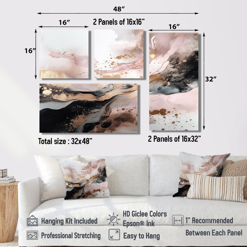 «Pink Gold Splash», art mural en marbre abstrait 4 pièces, Toile tendue, Ne s’applique pas