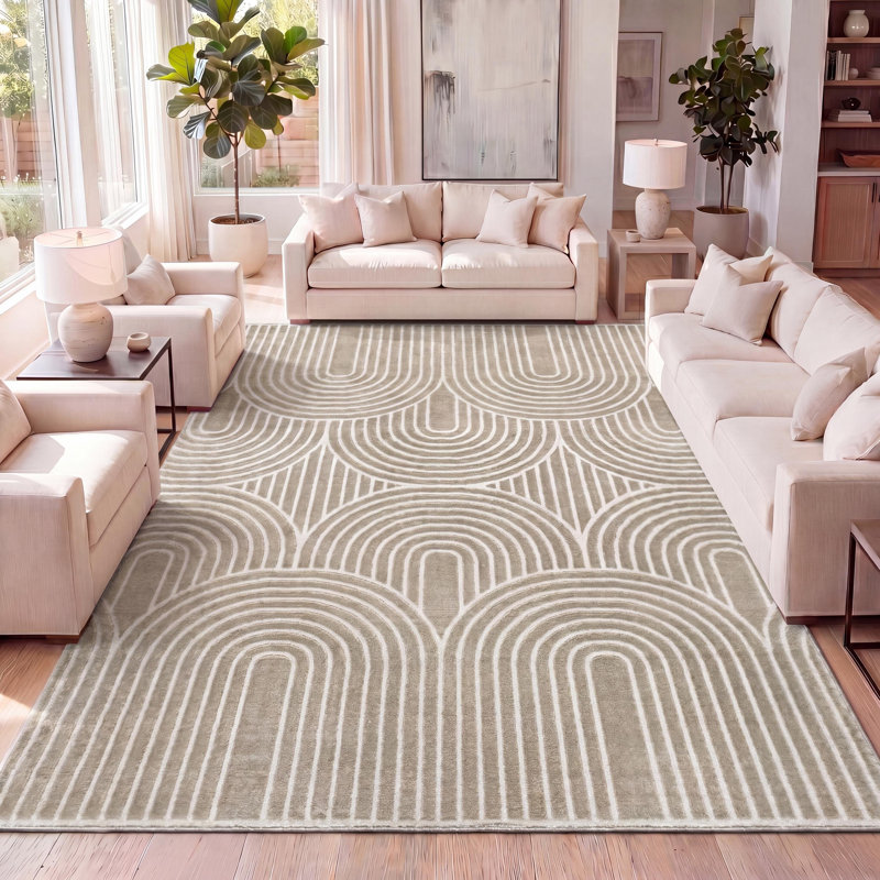 Megane MidCentury Art Deco Striped Arches Two-Tone High-Low Beige/Cream Rug, Rectangle 3'11" x 6'