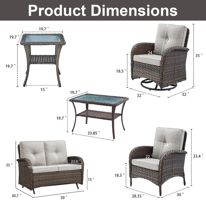 Ensemble de conversation d'extérieur 8 pièces Gaetanino avec chaises berçantes pivotantes et causeuse, Beige