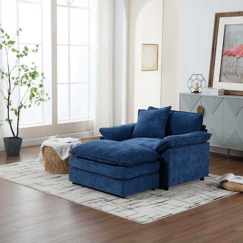 Fauteuil d'appoint moderne avec repose-pieds en chenille, Chenille bleu