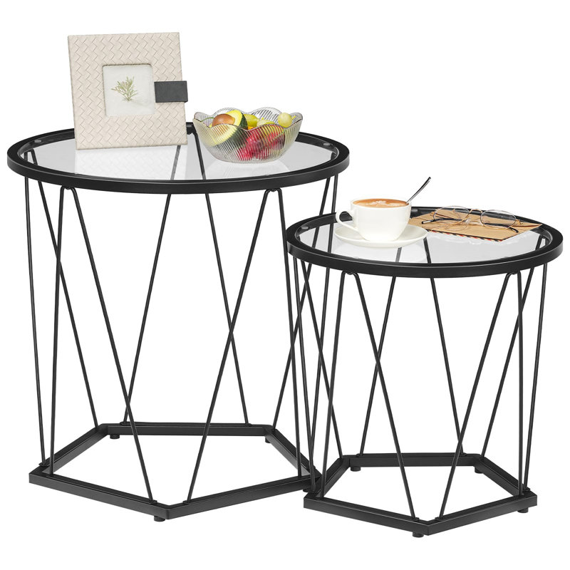 Black Round Glass Top Coffee Table Set with Metal Frame