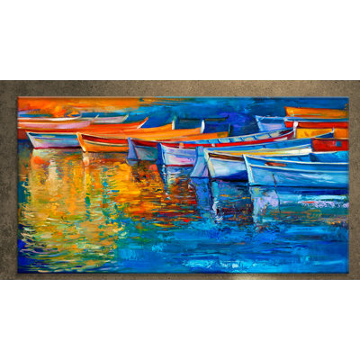 «  "bateau en bois sur eau calme"  », reproduction sur toile tendue