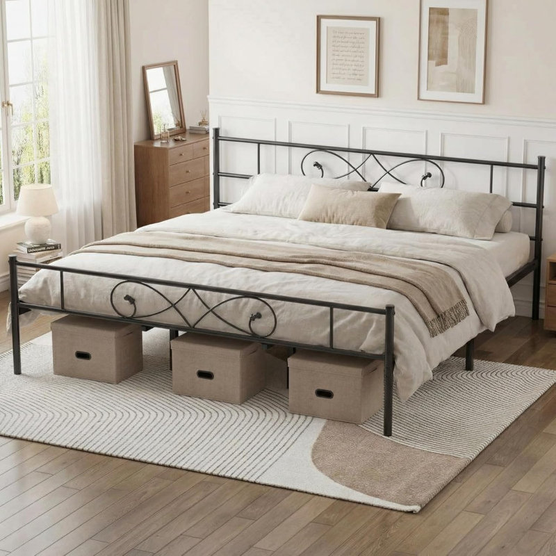 Platform Bed Frame with Unique Fist Design Headboard, Metal Frame, Under Bed Storage, No Box Spring Required, Noise-Free, Easy Assembly, Black