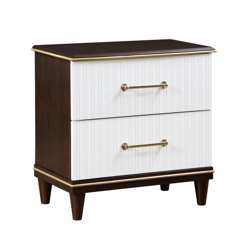 Contemporary White And Cherry Finish 1Pc Two Drawers Nightstand 2-Tone Finish With Gold Trim Modern Bedroom Furniture