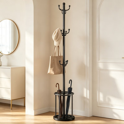 Freestanding Coat Rack Stand with Umbrella Holder, Hall Tree Coat Hanger with Hooks for Clothes Bag Hats, Entryway Organizer