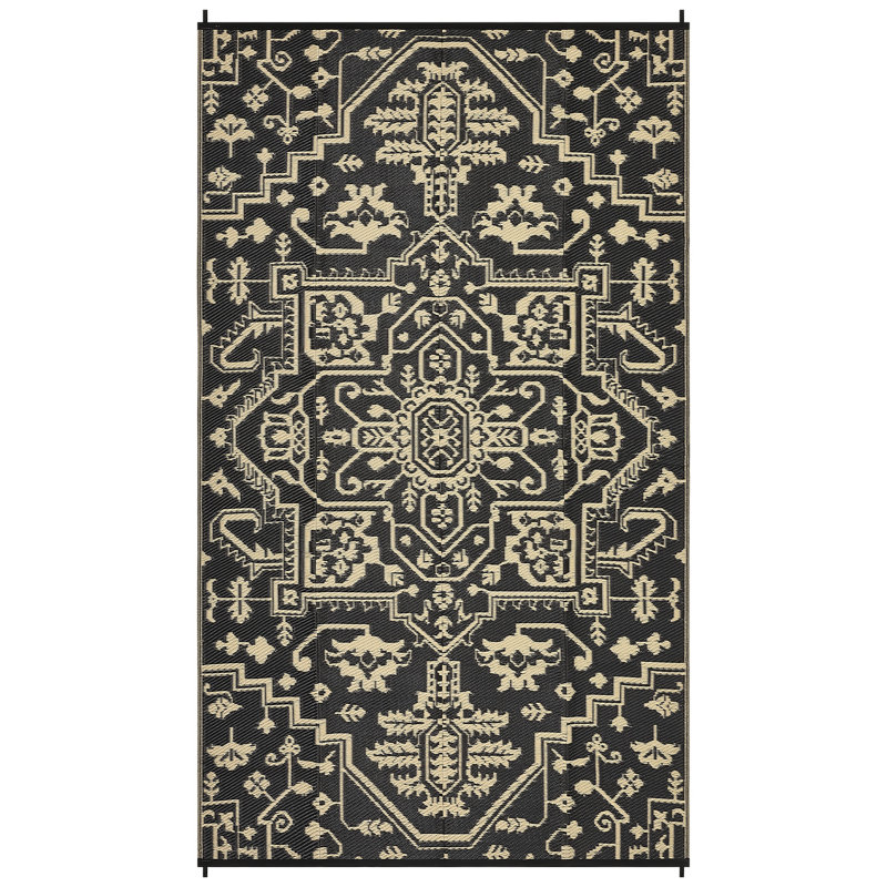 Reversible Outdoor Rug, 9' x 12', Waterproof Plastic with UV-Resistant Finish, Foldable with Stakes and Carry Bag for Patio, Deck, Camping or RV