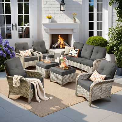 Heshum 7 Pieces Patio Furniture Set, Outdoor Wicker Sofa Couch With Comfy Cushions, All-weather High Back Conversation Set For Porch Deck