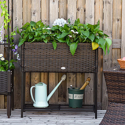 Lit de jardin surélevé, jardinière surélevée avec aspect osier en rotin, tablette de rangement pour outils, conception portable pour herbes, légumes, fleurs