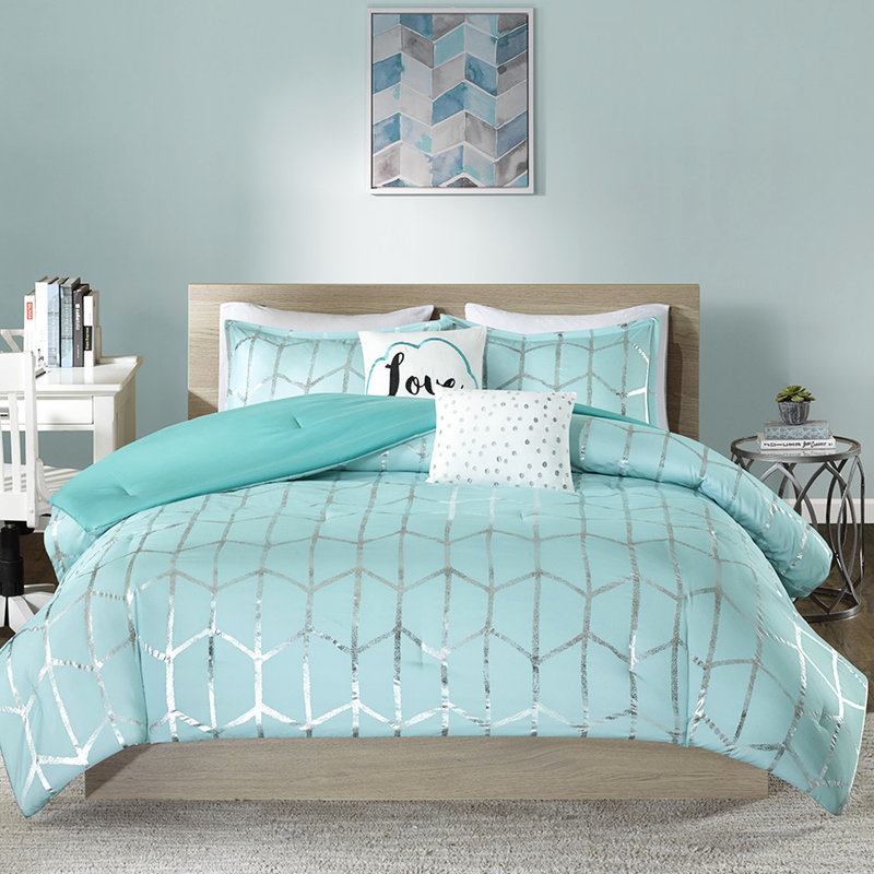 Literie double tendance et motif métallique argenté, Édredon double / grand + 4 pièces supplémentair, Aqua / argenté