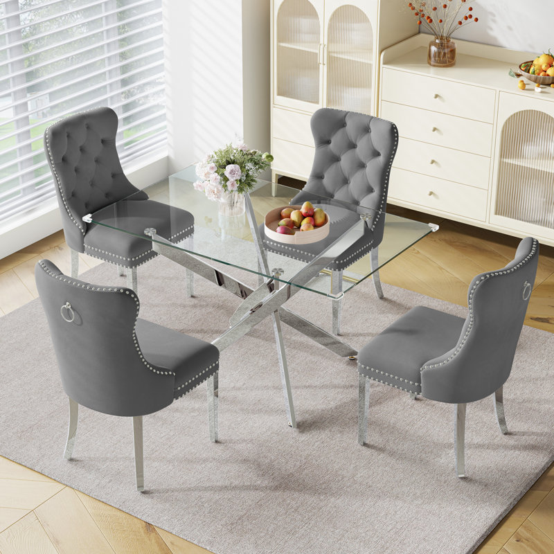 5-Piece Dining Set With Tempered Glass Table & Velvet Upholstered Chairs – Modern Dining Set For 4, Silver, Gray/Silver