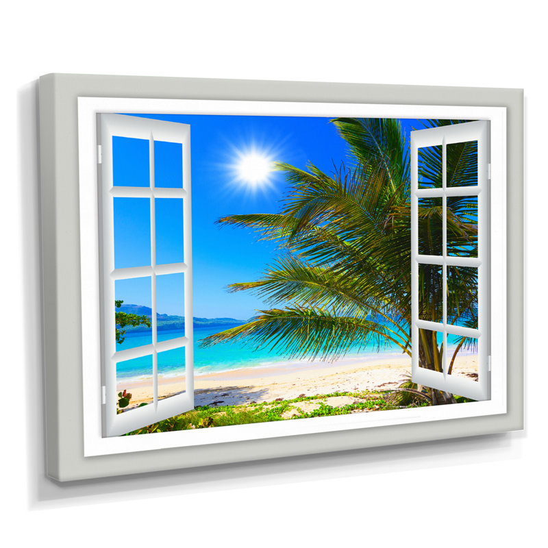 « Window Open to Beach with Palm » - impression d'art mural avec plage, impression sur toile avec plage et palmier