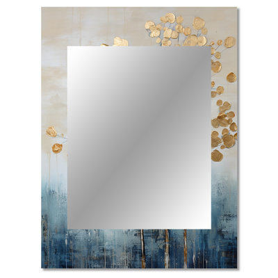 Gold And Blue Trees Harmony IV - Trees Wall Mirror, Traditional Decorative Mirror, Printed Metal Art
