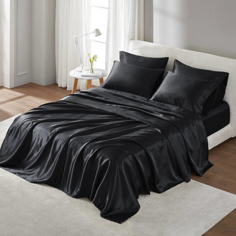 7 draps de luxe en satin noir très grand divisé, texture douce et soyeuse, réduit les frisottis, 1 drap plat, 2 draps-housses, 4 taies d'oreiller froissées, doux pour la peau et les cheveux,