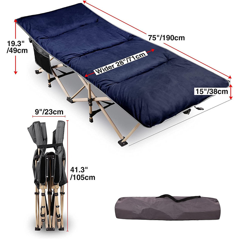 Lit de camp pliant avec surmatelas pour adultes, Gris / bleu marine