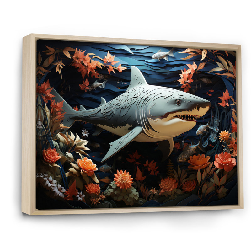 " Blue Shark Silent Hunter Papercut ", 34" H x 44" W x 1.5" D, Natural Floater Framed