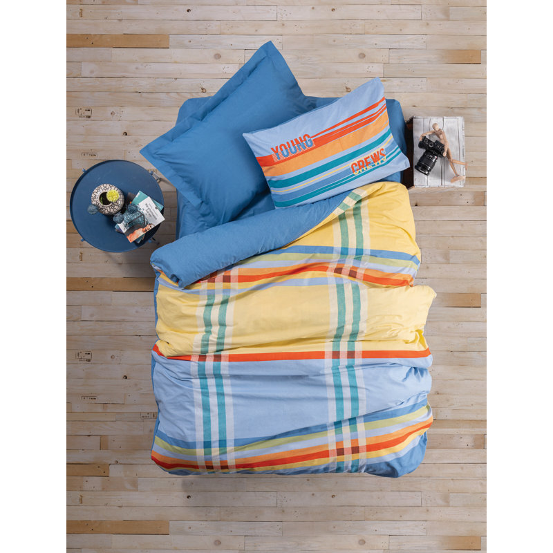 Ensemble de housse de couette 100% coton bleu / jaune / orange, Housse de couette simple + 1 taie d'oreiller 24 po