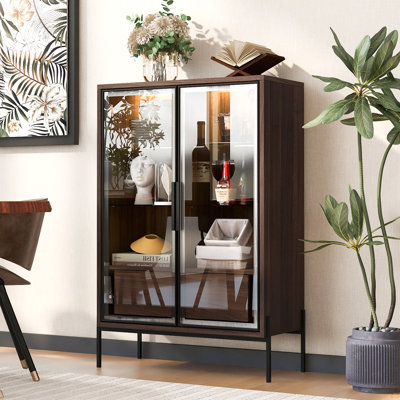 51.2'' Freestanding Display Cabinet, Pantry With 2 Storage Drawers And Glass Doors, Curio Cabinet With 4-Tier Adjustable Shelves And LED Light, For Living Room, Kitchen, Office - Walnut