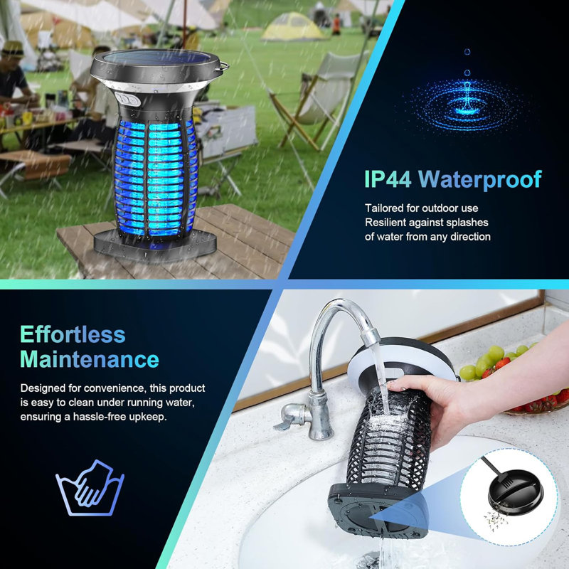 3-in-1 Solar Powered Outdoor Bug Zapper with Integrated Night Light for Bedroom, Patio, and Camping, Black