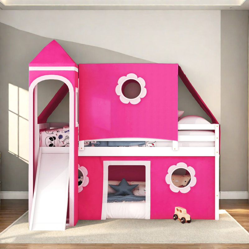 Lit mezzanine bas avec glissade Queribus, Simple, Rouge rose